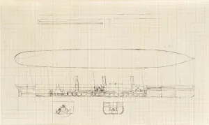 : Isambard Kingdom Brunel sketch: Cross-section of a steamship with paddle wheels