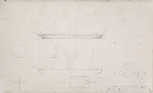 : Isambard Kingdom Brunel sketch: side elevations and plan of a ship