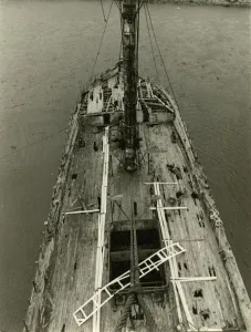 : View of SS Great Britain bows and midships deck from main mast, 1970